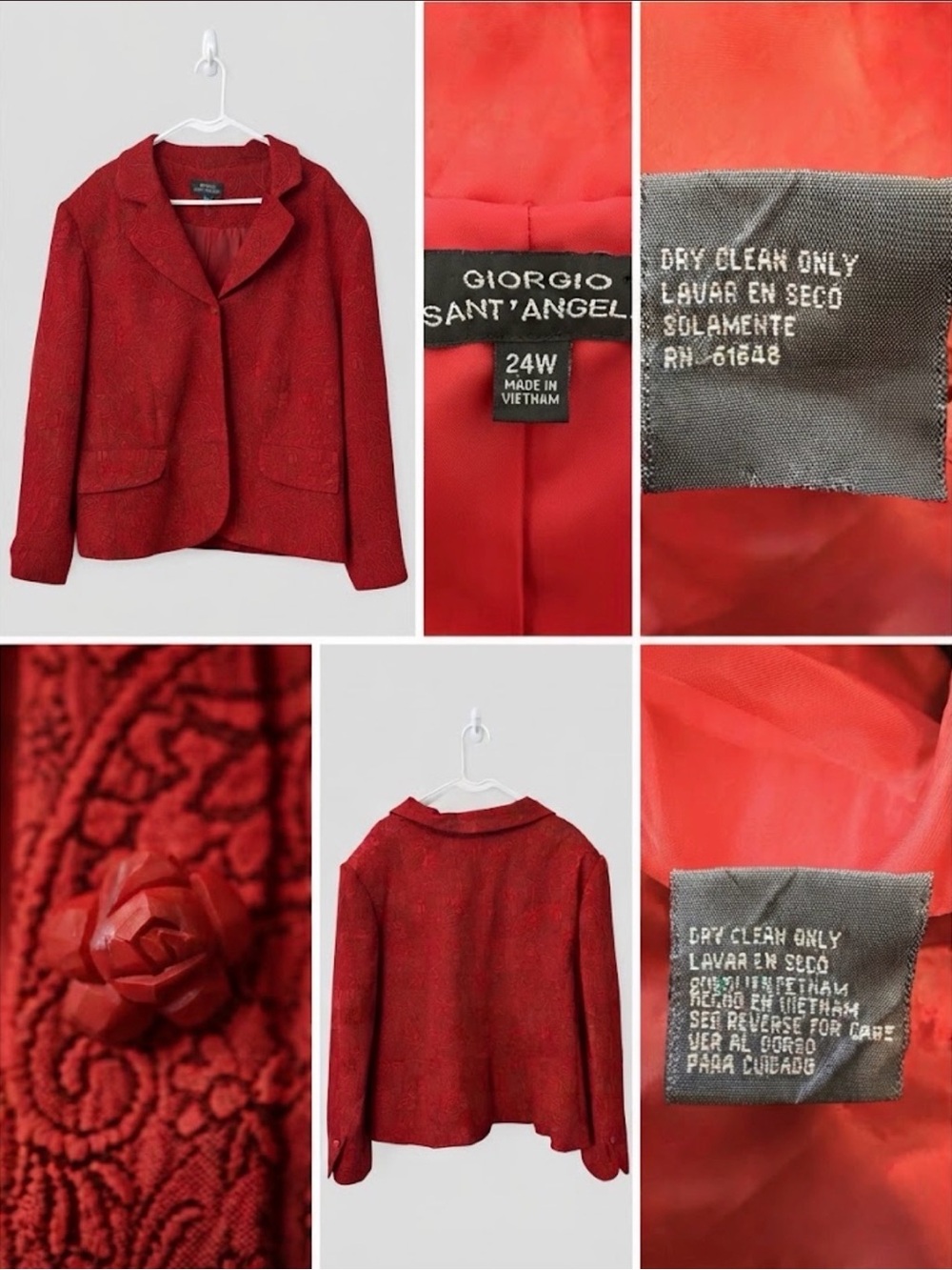 🌹 Vintage Giorgio Sant'Angelo Red Jacquard Blazer Sz 24W Rose Buttons 🌹